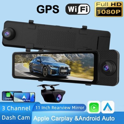 3 Channel Dash Cam With Carplay&Android Auto WIFI GPS HD 1080P Rearview Mirror
