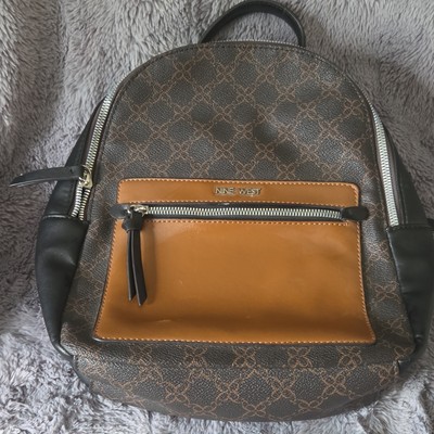 Nine West Logo Backpack Brown Tan Black Zip Closure Adjustable Strap Pockets