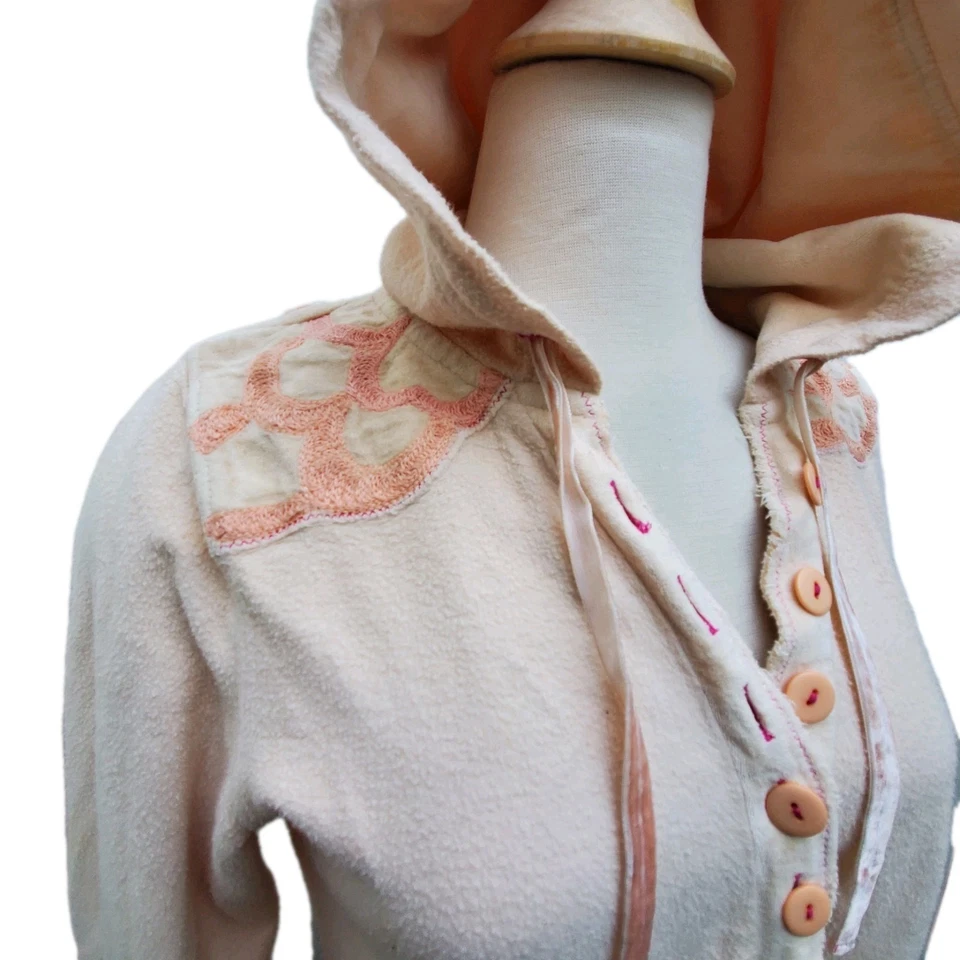 Y2K Free People Whimsey Fairy - Flor Melocotón 1/2 Botón Pullover Algodón Sudadera con Capucha M Foto 4 de 4