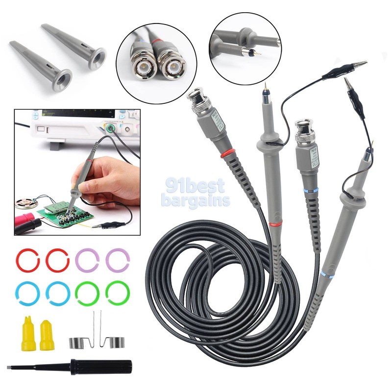 2x BNC Oscilloscope Probe Kit P6100 100MHz 1X 10X Precision Scope Clip Probes
