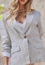 Single Button Linen Blazer - Light Blue