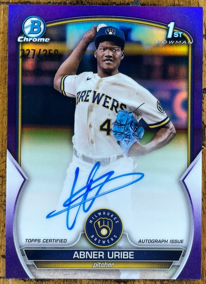 2023 Bowman Chrome Abner Uribe 1st Purple Refractor Auto /250 #CPA-AU Brewers RC