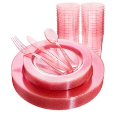 150PCS Pink Plastic Plates Disposable Pink Dinnerware Set Clear pink Party pl...