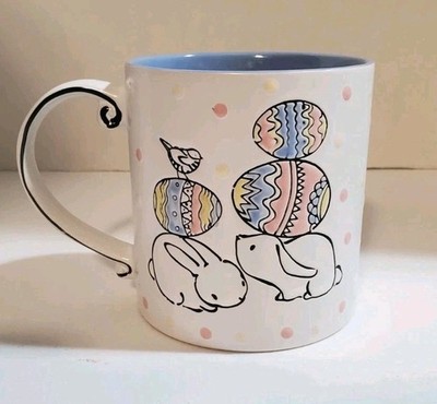 Easter Bunnies Eggs 3D Mug W/ Pastel Illustrations Outside & Lavender Inside 