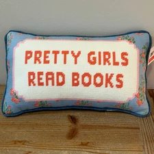 Pretty Girls Read Books Needlepoint Decorative Pillow NWT