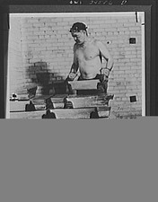 Bricklayer Mason Construction Worker 1910s Shirtless Hat Gloves Brick Wall