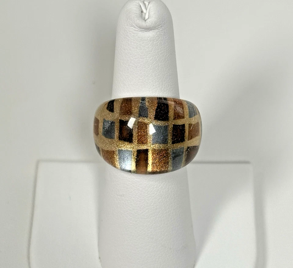 Anel de declaração cúpula coquetel retangular ouro marrom brilhante resina tamanho 6 - Imagem 2 de 4