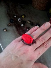 Large Wire Wrapped Statement Ring, Red Hexagon Turquoise Bead Charm, Size 8, NEW