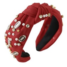 Football Knotted Headband Pearl Rhinestone Game Day Headbands for Women Top K...