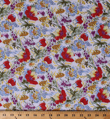 Cotton Evelyn's Tulips Flowers Red Multi Floral Ivory Fabric Print BTY D152.03