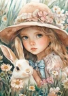 print ACEO Art Card Rabbit Girl Garden Flower Bunny Animal Limited Edition