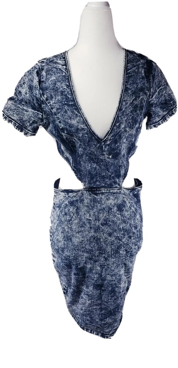 acid wash denim bodycon dress Vintage Cut-Out Midriff Size M by Vibrant Color:Dark Blue