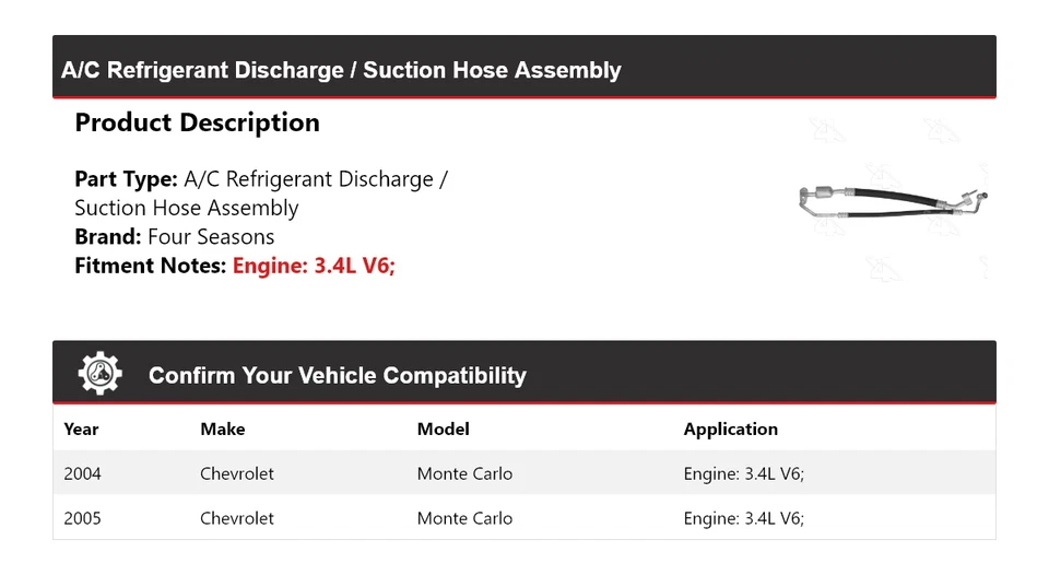 Conjunto de manguera de línea de succión de descarga para Chevrolet Monte Carlo 2004-05 4 Seaso Foto 2 de 4