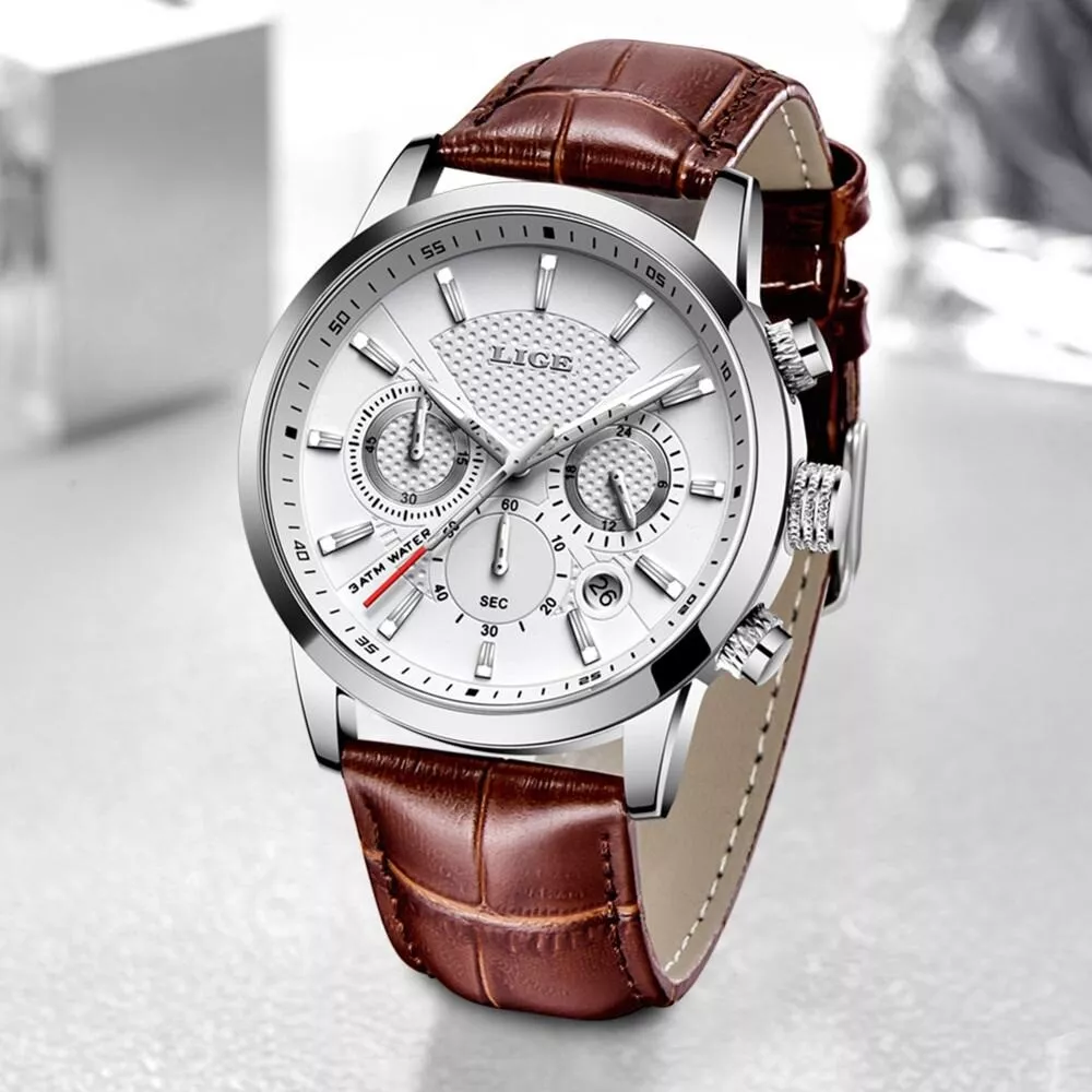 New Mens Watches LIGE Sport Leather Top Brand Luxury Men Fashion