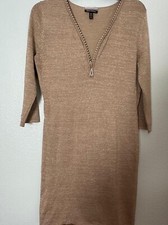Allison Brittney Sweater Dress Womens Medium Tan Beaded Zip Neck 3/4 Sleeve