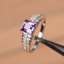 925 Sterling Silver Natural Amethyst Ring Princess Cut Amethyst Ring