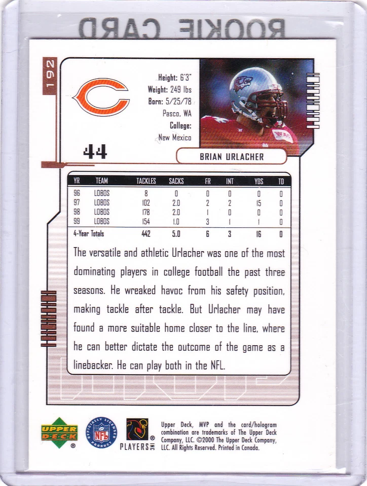 Brian Urlacher NFL RC 2000 Upper Deck MVP ROOKIE CARD Chicago Bears Football LB - Image 2 of 2