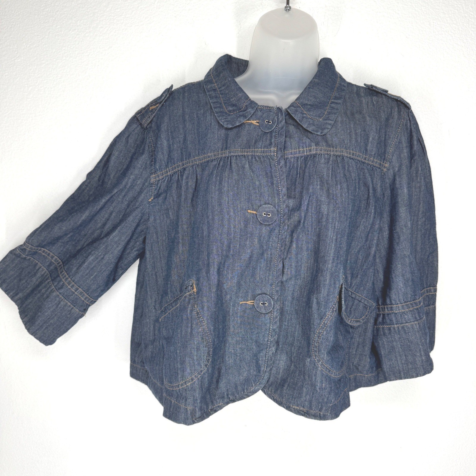 Womens Blue Denim Cropped Babydoll Swing Jacket XL Peter Pan Collar Vintage Boho
