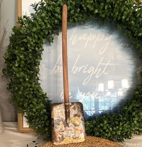 Vintage Garden Hand Shovel Spade Wood Handle Blue Metal Blade