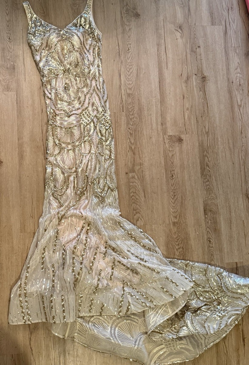 Platinum Label Prom Dress Gold Sequins Bridesmaid Size 4 Train | eBay