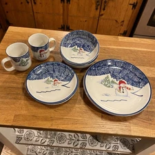 THOMSON POTTERY 8 Pc Winter Snowman Dinner Set for 2 Complete Plate Christmas