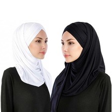 Women 2 PCS Set Jersey Hijab Lightweight Soft Solid Color Instant Shawls Wraps