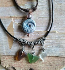 2x BEACH Necklaces Real hawaiian sea Glass Ceramic Ocean Wave Moana Mermaid