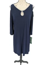 MSK Special Occasion Dress Large Navy Rhinestones Neckline and Arms NWT Midi