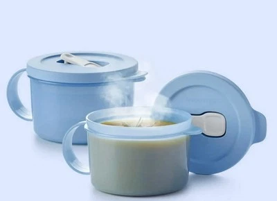 Tupperware Crystalwave Vented MICROWAVE Soup Mugs w/Handles ICE BLUE "YOU GET 2"