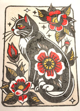 Needlepoint Canvas 13 mesh Zweigart Hand painted Cat Poppies 18x15" Was 180