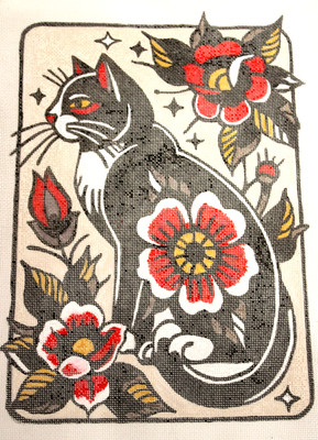 Needlepoint Canvas 13 mesh Zweigart Hand painted Cat & Poppies 18x15'' Was $180