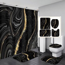 4 Pcs Black Marble Shower Curtain Sets with Rugs Gold Bathroom Sets Black Gold