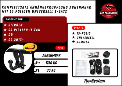 Anhängerkupplung Komplettsatz abn. + ES 13 für Citroen C4 Picasso II Van BJ 13-