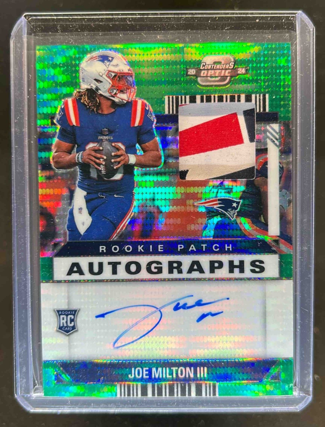 2024 Contenders Optic Joe Milton III Rookie Patch Auto RC Green Pulsar Prizm /15