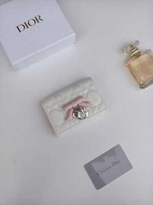 DioR Lady Cannage Quilted Lambskin White Leather Pink Bow Silver Charm Compact