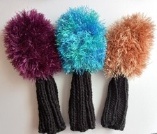 SET of 3 FUN FUR Hybrid/Iron Hand Knit Golf Club Headcovers Purple/Teal/Tan