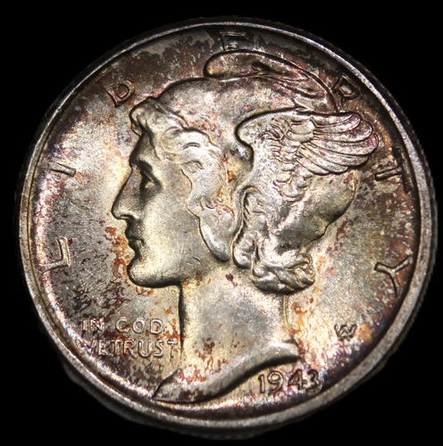 1943 s mercury dime- gem bu toned/ free shipping- jam424