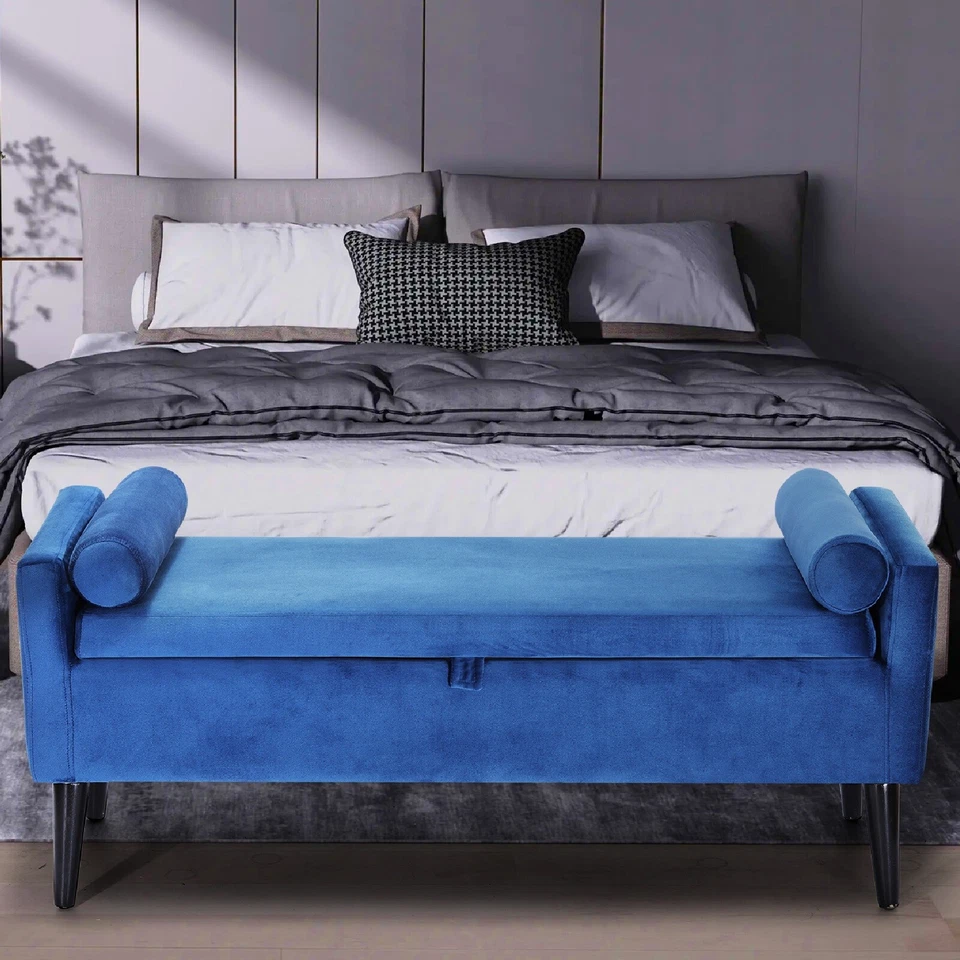 47 дюймов бархатная оттоманская комнатная скамья для хранения скамья для спальни с подлокотником поясничной подушкой - Изображение 2 из 4