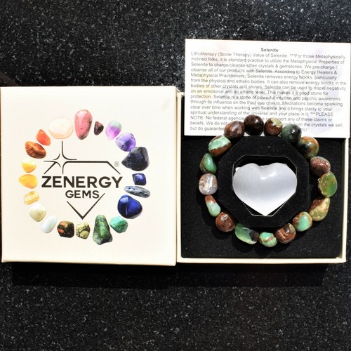 Pulsera elástica pepita de cristal crisoprasa CARGADA + corazón hinchado de selenita - Imagen 4 de 9