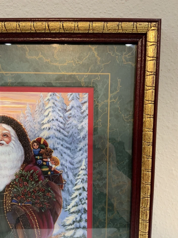 Arte enmarcado de Papá Noel HOMCO G Barker de colección de la década de 1990 madera de cerezo dorado 12” X 15” EE. UU. Foto 4 de 4