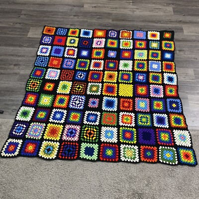 Afghan Throw Blanket 64x64 Granny Square Crochet Wool Blend