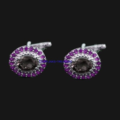 Natural Amethyst & Smoky Quartz Gemstones 925 Sterling Silver Cufflinks #C8778