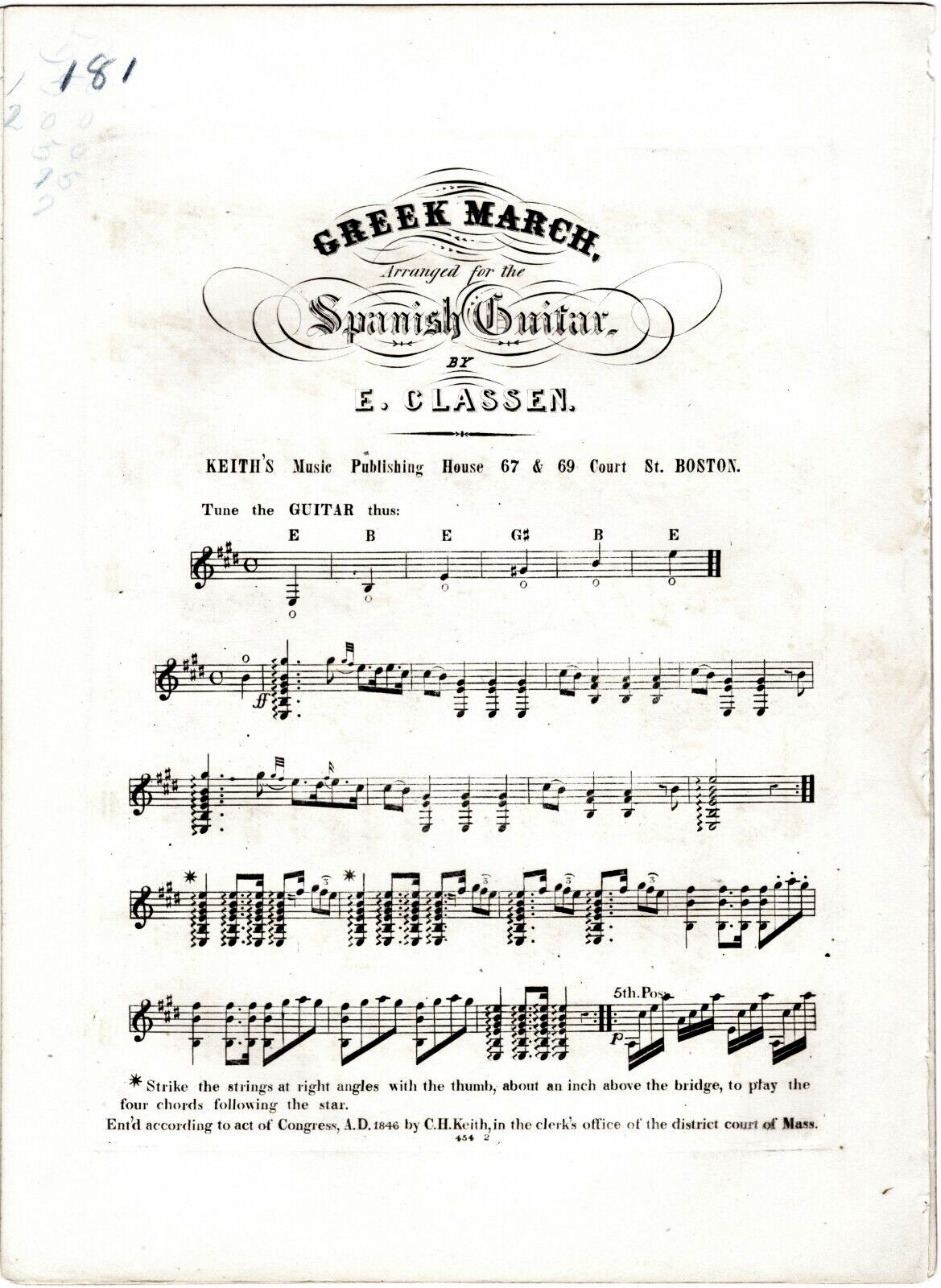 Greek March Arranged for Spanish Guitar by E. Classen, Keith's Music House, 1846