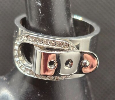 Michael Kors Silver Tone Buckle Ring Rhinestone Accents Wide Band