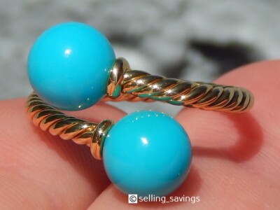 18K YELLOW GOLD DAVID YURMAN TURQUOISE SOLARI TWISTED CABLE RING  SIZE MEDIUM