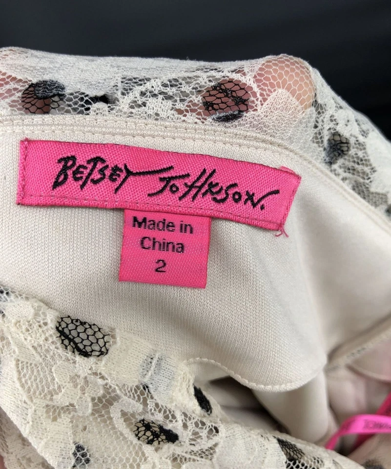 Vestido feminino Betsey Johnson de renda bolinhas tamanho 2 preto creme festa dança novo sem etiquetas - Imagem 3 de 4