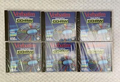 New Lot Of 6 Sealed Verbatim CD-RW 2x-4x Speed 74 Min 650 MB Rewritable DataLife