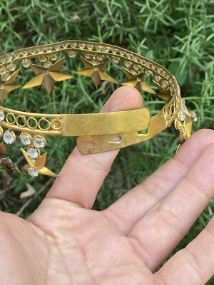 Superbe Petit Couronne Diadème De Vierge Religieuse En Laiton Et Strass Xixe Siecle