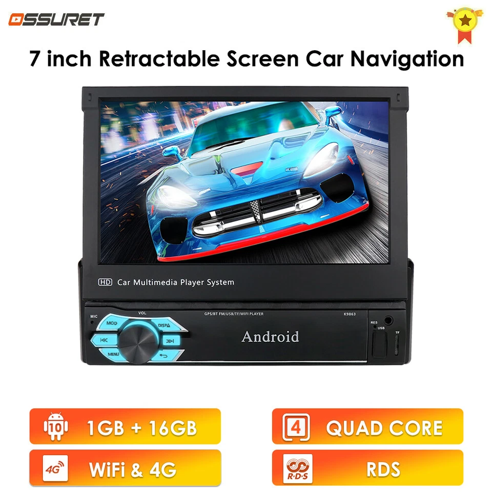 Single 1Din 7" Flip Out Car Stereo Radio Android 10.1 GPS Navi FM Player +Camera - Image 4 of 4