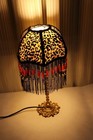 Leopard Print Fringe Table Lamp Beaded Tassels Gold Base Dome Shade Corded — photo 2